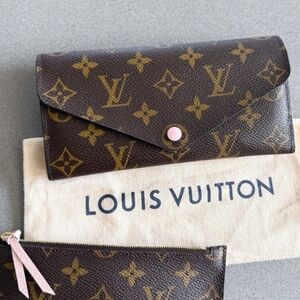 Authentic Louis Vuitton Brown Monogram Long Wallet with Pink Snap